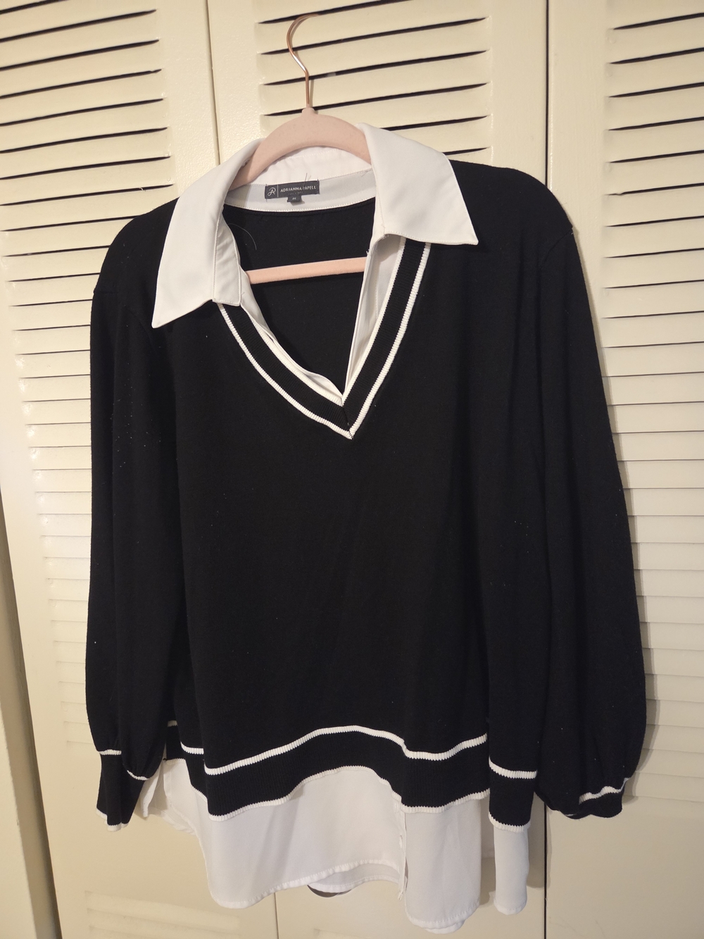 Adrianna Papell Black Sweater with White Faux-Layered Collar